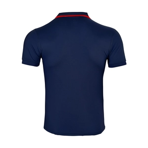 Detail view of the navy blue polo shirt back featuring a subtle red collar trim accent