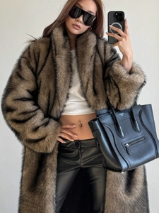 Luxurious dark brown striped faux fur coat with shawl collar in a stylish long fit