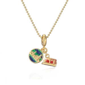 Gold plated cable car and bus enamel pendant necklace with bead chain on white background