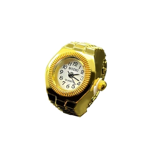 Minimalist gold ring watch with white dial and metal band shown on a white background
