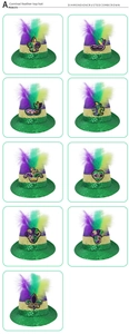 Détail de neuf chapeaux de jazz de carnaval avec plumes et sequins violets verts et dorés
