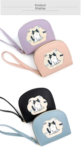 Detail view of mini PU leather wallets in four colors with cartoon cat and fish patterns