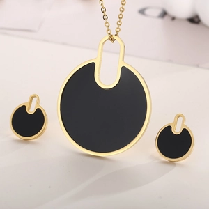Minimalist gold and black round titanium steel jewelry set with necklace and stud earrings