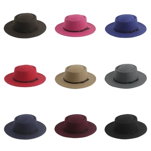 Nine-grid display of wool felt bell-shaped hats in multiple colors with belt buckle trim