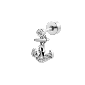 Silver anchor stud earring with micro-pave zircons and screw back flat post design