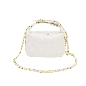 Elegant white quilted mini crossbody bag with gold chain strap and top handle on white background