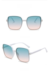 Detail of white square oversized sunglasses with blue-pink gradient lenses from two angles