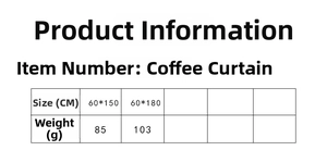 Size guide for minimalist cafe curtains showing 60x150cm and 60x180cm dimensions