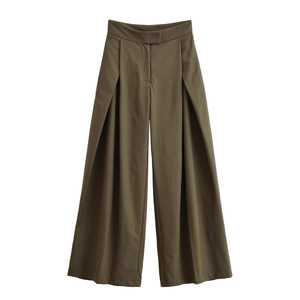 High Waist Wide Leg Pants Polyester Pleated Drapey Casual Office Straight Trousers For Women Solid Color