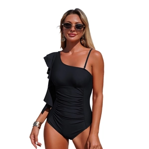 Elegant black one-shoulder swimsuit for women with ruffle detail and ruched front design