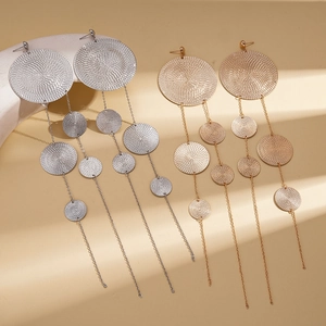 Exaggerated metal round textured long tassel earrings in silver and golden finishes