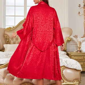 Luxury red leopard jacquard satin silk bathrobe for women in a classic kimono style