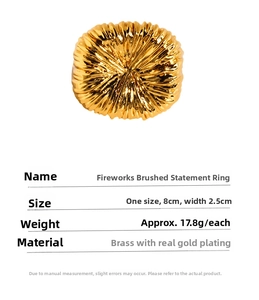 Detail showing firework brushed texture on a gold-plated brass wide band ring