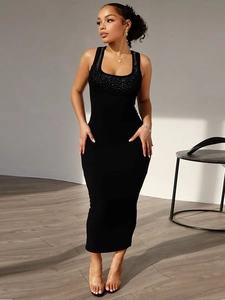 Slim fit black sleeveless midi dress with sparkling rhinestones and square neckline