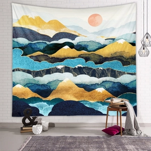 Detailed view of an abstract mountain tapestry with golden peaks and orange sun