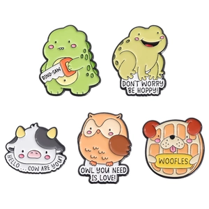 Set of 5 cute cartoon enamel pins featuring dinosaur, frog, cow, owl and dog designs