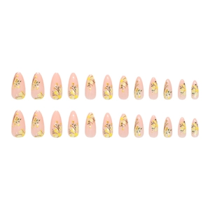 24-piece almond press-on nails featuring yellow flowers on soft nude background