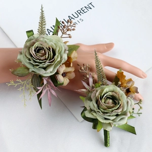 Wedding Boutonniere And Wrist Corsage Artificial Satin Rose With Artificial Pearls For Groom Bride Prom Party Decor