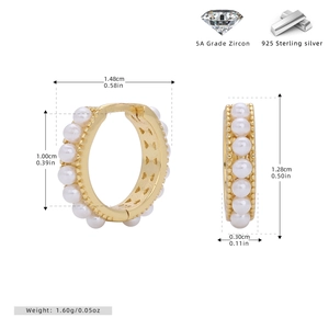 Detailed size specifications of 925 silver hoop earrings with white pearls and gold beads