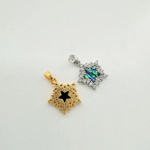 Detail of 18k gold star charm with black inlay and silver pendant with shell and zircon