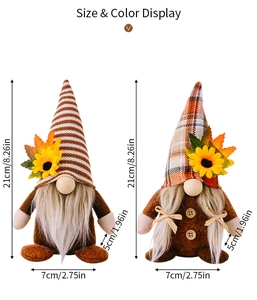 Size and color details of two fall gnomes with sunflowers and maple leaves on white background