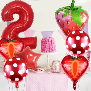 7-piece strawberry party balloon set with red number 2 and fruit foil decorations