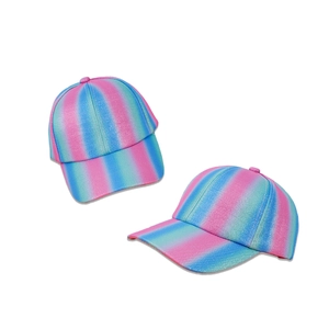 Rainbow gradient glitter baseball caps for kids with pink and blue stripes and curved brim