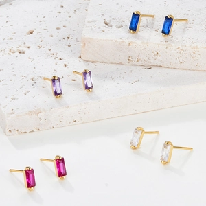 Minimalist S925 silver rectangle stud earrings with colorful cubic zirconia in four colors
