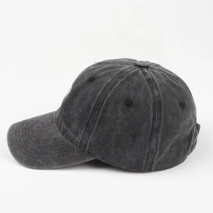 Side view of washed charcoal grey baseball cap with 77 embroidery and breathable eyelets