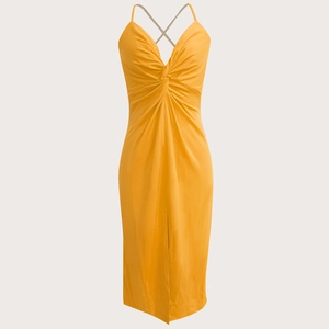 Robe Mi-Longue Sexy Dos Nu Licou Femmes Polyester Fendue Élégante Soirée Moulante Sans Manches Nœud Devant
