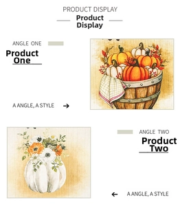 Detail of autumn printed non-woven wall hangings with pumpkin patterns and fabric textures