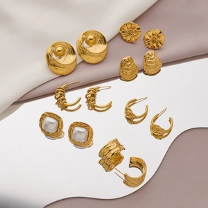 Vintage 18K Gold Plated 316 Stainless Steel Earrings Geometric C-Shape Spiral Textured Artificial Pearl Studs For Women