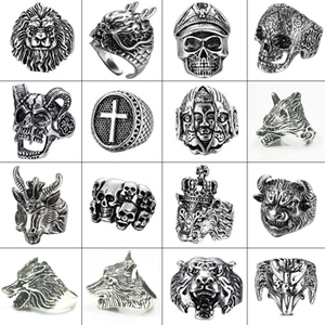 Punk style men's rings collection featuring lion, skull, and wolf head motifs in silver