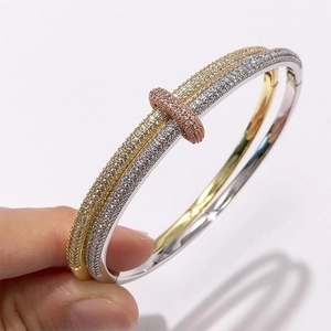Three-tone intertwined double ring bangle set with cubic zirconia diamonds for women