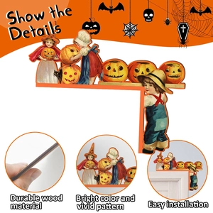 Detailed views of durable wooden Halloween door corner decor featuring retro cartoon designs