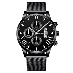 Fashionable black stainless steel men's watch with mesh strap and calendar display