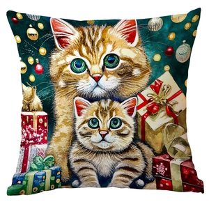 Detail view of cartoon Christmas cat pillowcase featuring watercolor gifts and festive ornaments