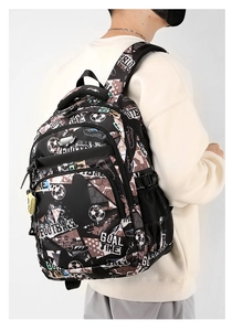 Detail view of lightweight football print backpack with Goal Time graphic for men