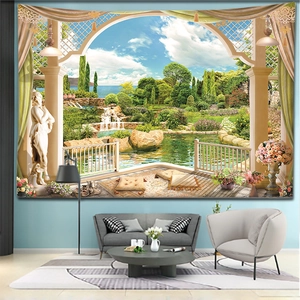 European classical garden balcony landscape tapestry hanging as a modern living room backdrop