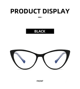 Front view of black cat-eye glasses frames with blue light blocking lenses for women