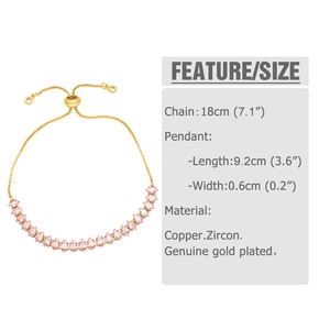 Detail of adjustable gold-plated bracelet featuring marquise-cut pink cubic zirconia stones