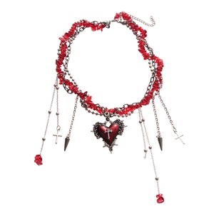 Gothic multilayer necklace with red stones, heart cross pendant and silver tassels