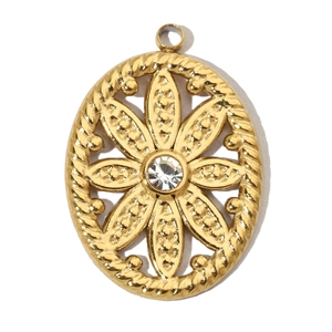 Close-up of a vintage gold floral oval pendant with a centered sparkling zircon stone