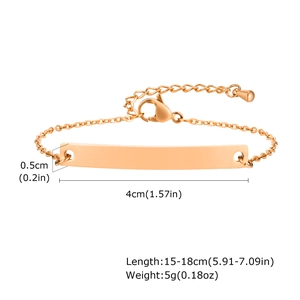 Macro shot of rose gold bar bracelet with size specifications of 0.5x4cm on white background