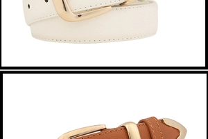 Close-up of white and brown PU leather belts with golden buckles and fine stitching