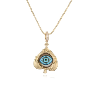 Elegant gold leaf pendant necklace with blue evil eye detail on a fine box chain