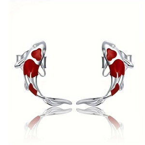 Koi Fish Stud Earrings Copper Red Enamel Sparkling Zircon Animal Shape Lucky Jewelry For Women Elegant