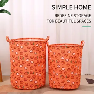 Large strawberry print fabric storage baskets with handles for laundry and toys