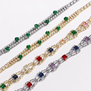 Detail of multi-color 4mm zircon tennis bracelets with gold and silver plated finish
