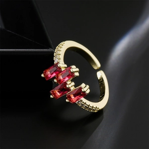 18K gold plated adjustable ring with red rectangular zircon gems and white accents